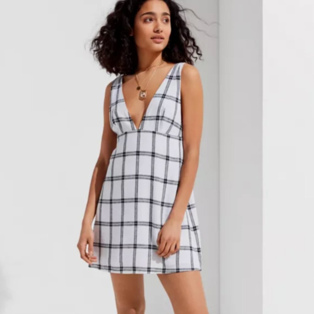 Urban Outfitters Breezy Plunging Neck Plaid Linen Mini Dress